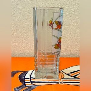 Vintage Geometric Vase Made in Italy Numbered Pressed Glass With Flower Decals